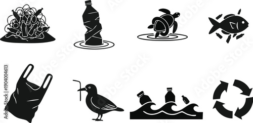 Ocean Plastic Pollution and Marine Waste Silhouette Vector Set. Environmental Conservation Icons with Affected Turtle, Fish, and Bird.