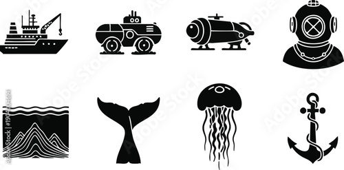 Oceanography and Deep Sea Exploration Silhouette Vector Set. Marine Research Icons with Submarine, Diving Helmet, and Research Vessel.