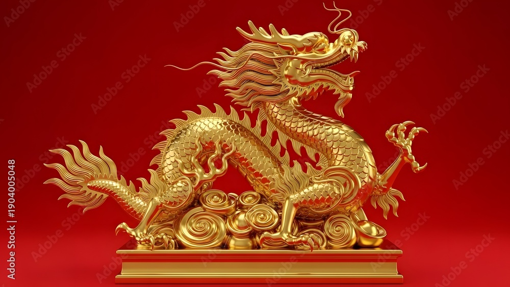 Fototapeta premium Golden Dragon Statue on Red Background for Prosperity.