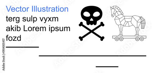 Cybersecurity, hacking, malware, digital threats, online security, phishing. Skull and crossbones alongside a geometric Trojan horse. Cybersecurity and hacking dangers through malicious icons
