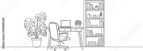 Minimalist line art illustration of a modern home office workspace featuring a desk with laptop chair bookshelf and monstera plant.