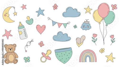 Adorable Collection of Hand-Drawn Baby Items and Nursery Decorations.