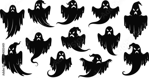 Mega collection of spooky ghost silhouettes featuring various creepy expressions, flying poses, and haunting spirits for Halloween party graphic design,