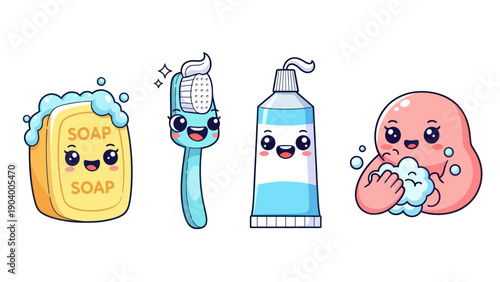 Adorable Kawaii Hygiene Set with Soap, Toothbrush, Toothpaste, and Bathing Baby.