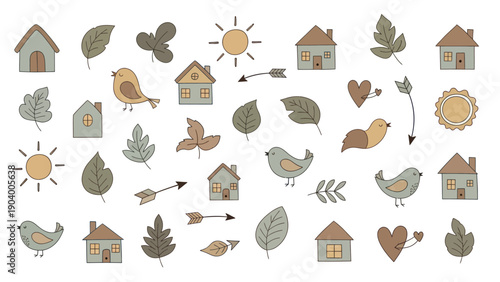 Charming Hand-Drawn Elements Featuring Birds Houses Leaves and Sun.