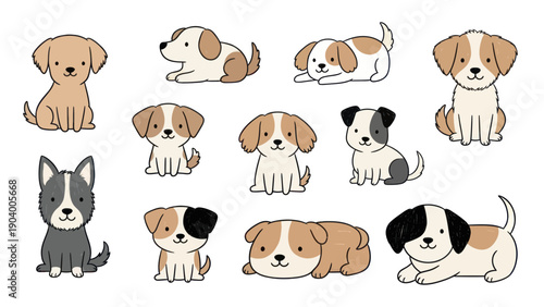 Collection of Adorable Cartoon Dogs in Various Poses and Breeds.