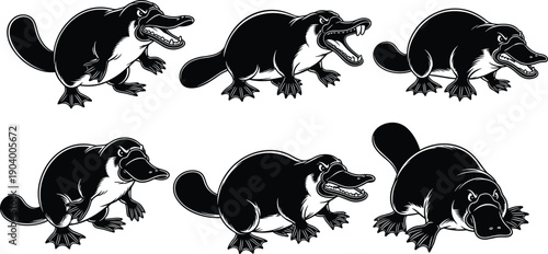 Set of black and white platypus illustrations featuring various angry and aggressive poses, open mouths with teeth, and webbed feet,