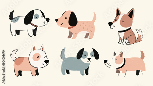 Collection of Adorable Hand-Drawn Puppies in Various Poses and Colors.