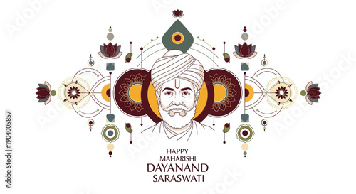 Illustration celebrating Maharishi Dayanand Saraswati Jayanti with traditional Indian designs and portrait of Dayananda Saraswati