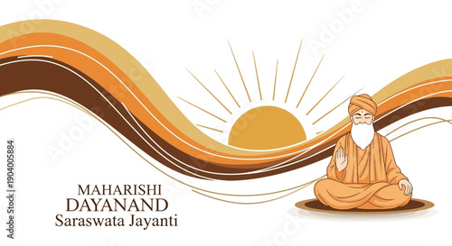 Illustration celebrating Maharishi Dayanand Saraswati Jayanti with a serene Indian guru in traditional attire against a sunrise background