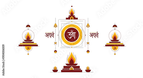 Vector illustration of traditional Indian diyas and Om symbol celebrating Maharishi Dayanand Saraswati Jayanti in Hindu culture