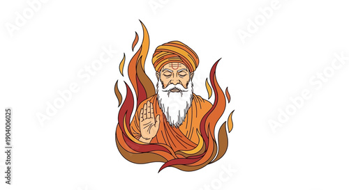 Illustration of Maharishi Dayanand Saraswati, an Indian Hindu sage, surrounded by flames, symbolizing his role in Hinduism and Indian culture.
