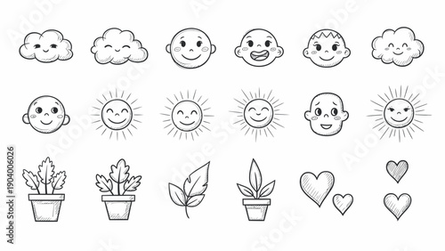 Collection of Hand-Drawn Doodle Icons Featuring Nature Elements and Baby Faces.
