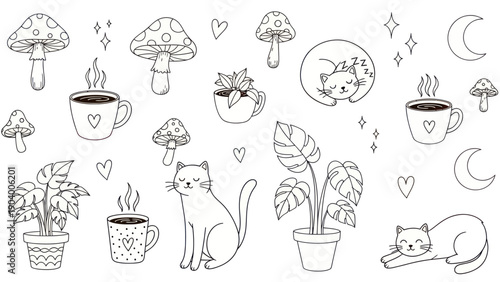 Cozy Cats and Botanical Elements Doodle Collection.