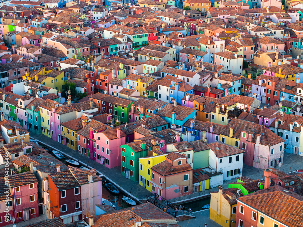 Fototapeta premium Aerial view of Burano colorful houses and canals, Venice lagoon, Italy