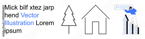 Business development, analytics, online search, data growth, home , and nature preservation. A person interacting with a search bar, bar chart tree and house outlines. Business development