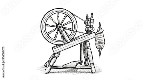Vintage spinning wheel with spindle whorl.