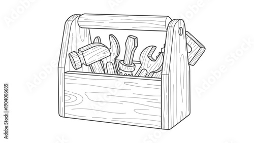 Tools in a wooden toolbox box.