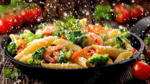 Pasta dish with shrimp broccoli and tomatoes in a pan on wooden surface