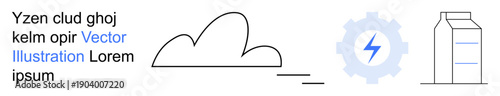 Cloud computing, renewable energy, storage solutions, sustainability practices, digital processes, modern industries. Cloud, gear with lightning symbol milk carton outline. Cloud computing