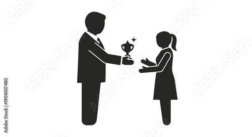 Man and Girl Exchanging Trophy Silhouette.