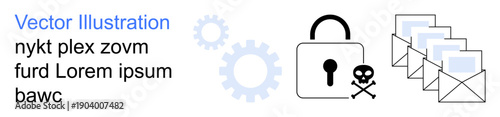 Cybersecurity, malware threats, email security, data protection, encryption, and online safety. Lock with a skull symbol, gears and envelopes illustration. Cybersecurity and malware threats concept
