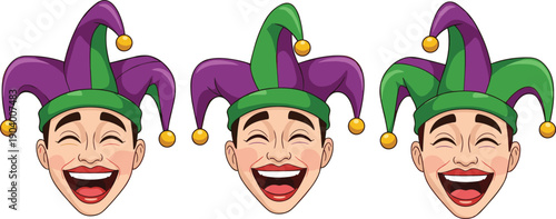Colorful cartoon illustration of a laughing jester wearing a traditional purple and green hat for Mardi Gras carnival party celebration.