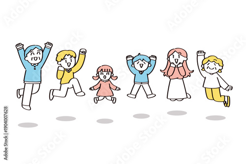 ジャンプする二世帯家族のイラスト