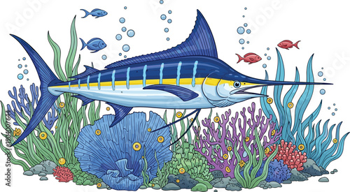 Colorful vector illustration of a large blue marlin fish swimming near coral reefs and sea plants in deep ocean water.