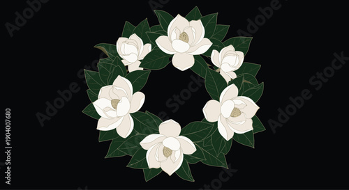 WebElegant circular wreath featuring white magnolia blossoms with green leaves in a symmetrical round pattern isolated on a black background.