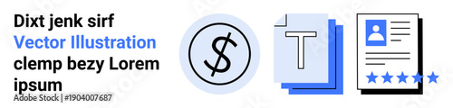 Financial planning, career development, digital tools, business analysis, rating systems, document formatting. Symbols include dollar sign, text editing paper and rated resume. Financial planning