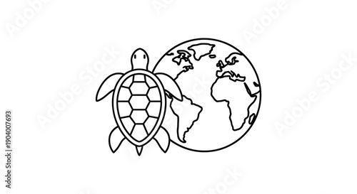 Turtle Crawling Around the Earth Globe.