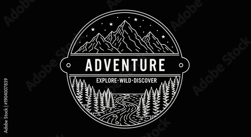 Adventure Explore Wild Discover Mountain Forest River Landscape Badge.