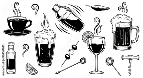 Assortment of beverages and bar accessories in a vintage style.