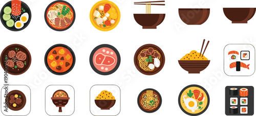Japanese food icons set with ramen noodle bowls sushi rolls miso soup and rice dishes in flat vector illustration style