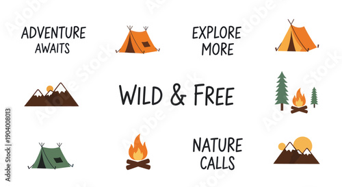 Camping and outdoor adventure themed illustrations with inspirational quotes.