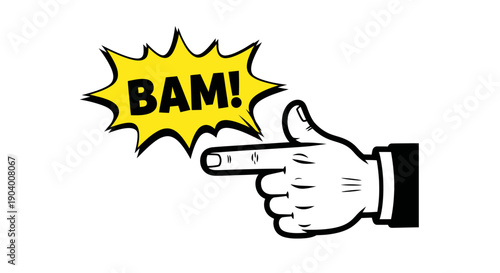 Cartoon hand pointing with bam sound effect.