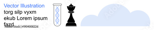 Science research, strategic thinking, technological innovation, data storage, cloud computing, intellectual progress. A DNA helix in test tube, chess king and cloud icon. Science and strategic