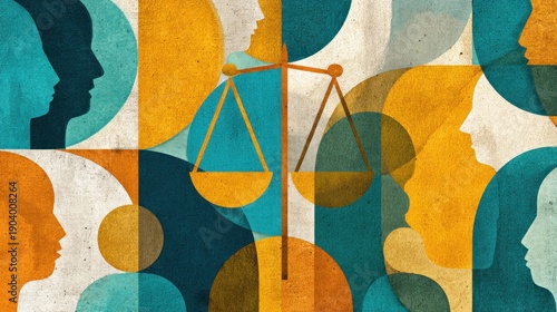 Abstract illustration of scales of justice with diverse human profiles