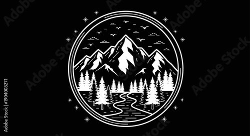 Circular Emblem of Majestic Mountains and Forest Landscape.
