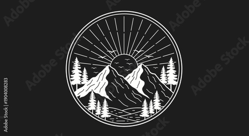 Circular Emblem of Majestic Mountains and Sunrise.