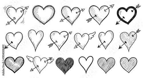 Collection of hand-drawn heart illustrations with varying line styles and arrow piercings displayed together