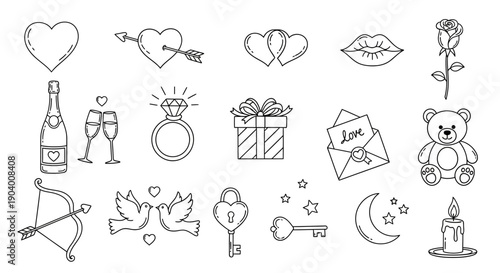 Valentine's Day illustrations showcasing love symbols, hearts, and romance elements in a minimalist line art style