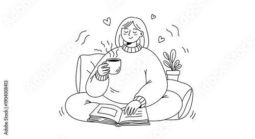 Woman Relaxing with Beverage and Literature in Serene Environment