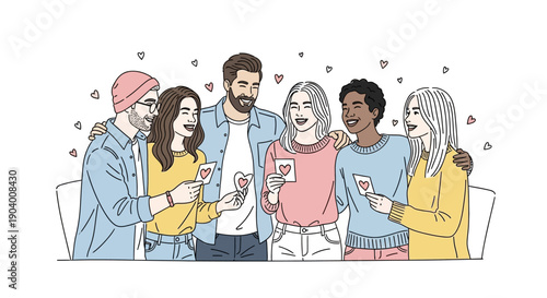 Diverse group of friends laughing and interacting together with phones in a celebratory atmosphere