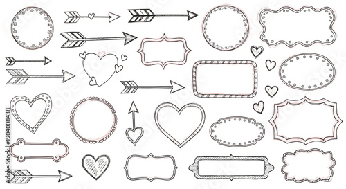 Collection of ornate frames, hearts, and arrows in various styles and shapes