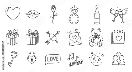 Collection of love-themed illustrations featuring hearts, gifts, and romantic symbols, depicted in a minimalist line art style.