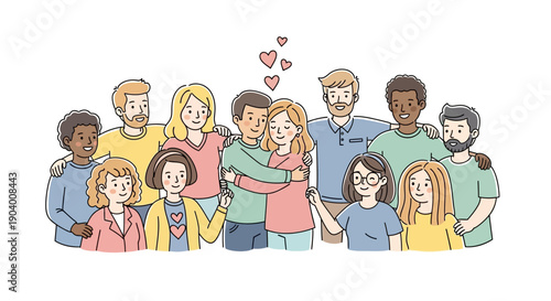 Diverse group of people standing together in a joyful social gathering illustration