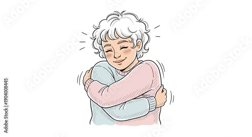 Elderly couple embracing warmly, conveying love and affection in a tender illustration from a front viewpoint.