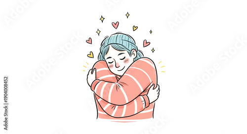 Illustration of a woman embracing herself surrounded by hearts and sparkles